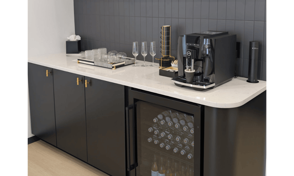 Patient beverage and coffee station at McLean Dental Loft