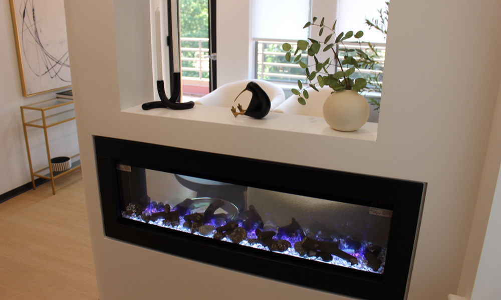 Modern fireplace in the patient waiting area at McLean Dental Loft